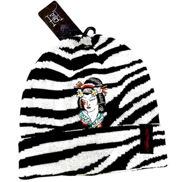 Ed Hardy Black White Zebra Print Geisha Embroidered Graphic Slouchy Beanie Hat